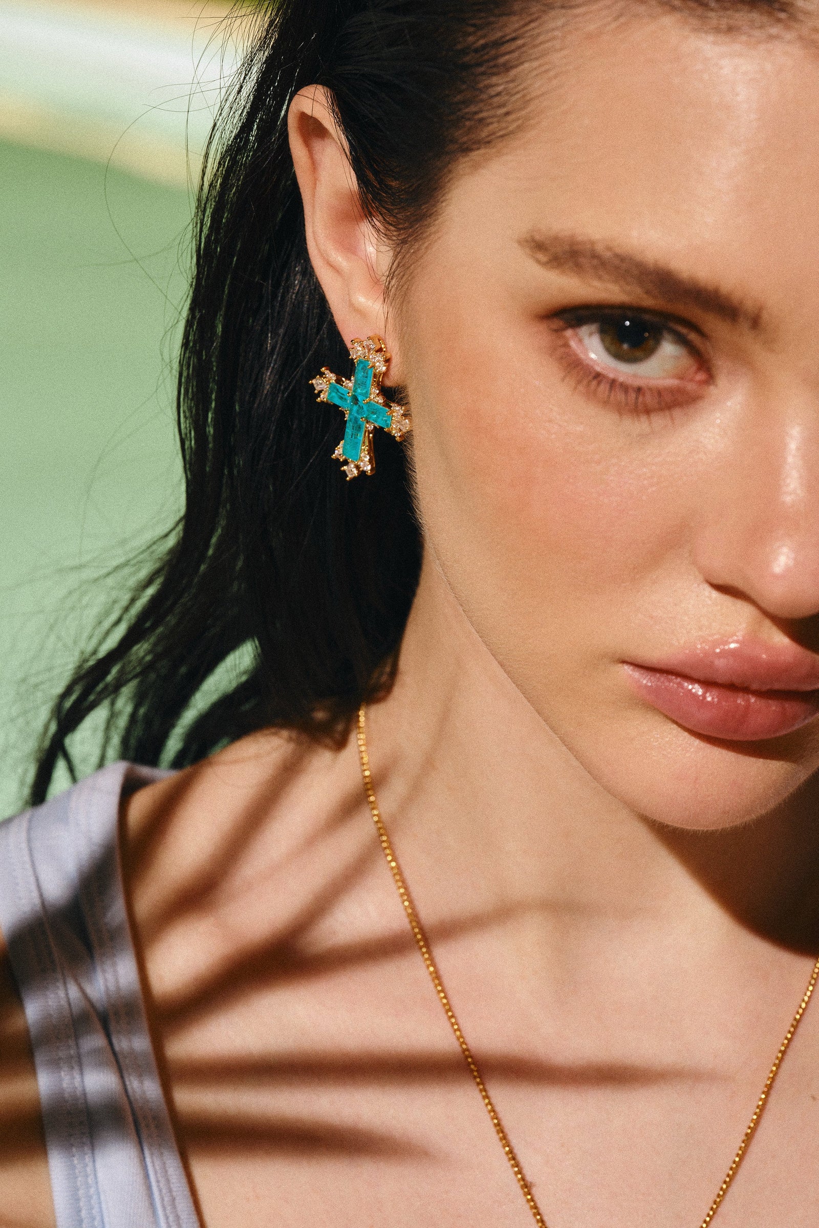 Gold/Paraiba Cross Jewelry Set – Gold 3-Piece Collection (Small Necklace) - booneealus