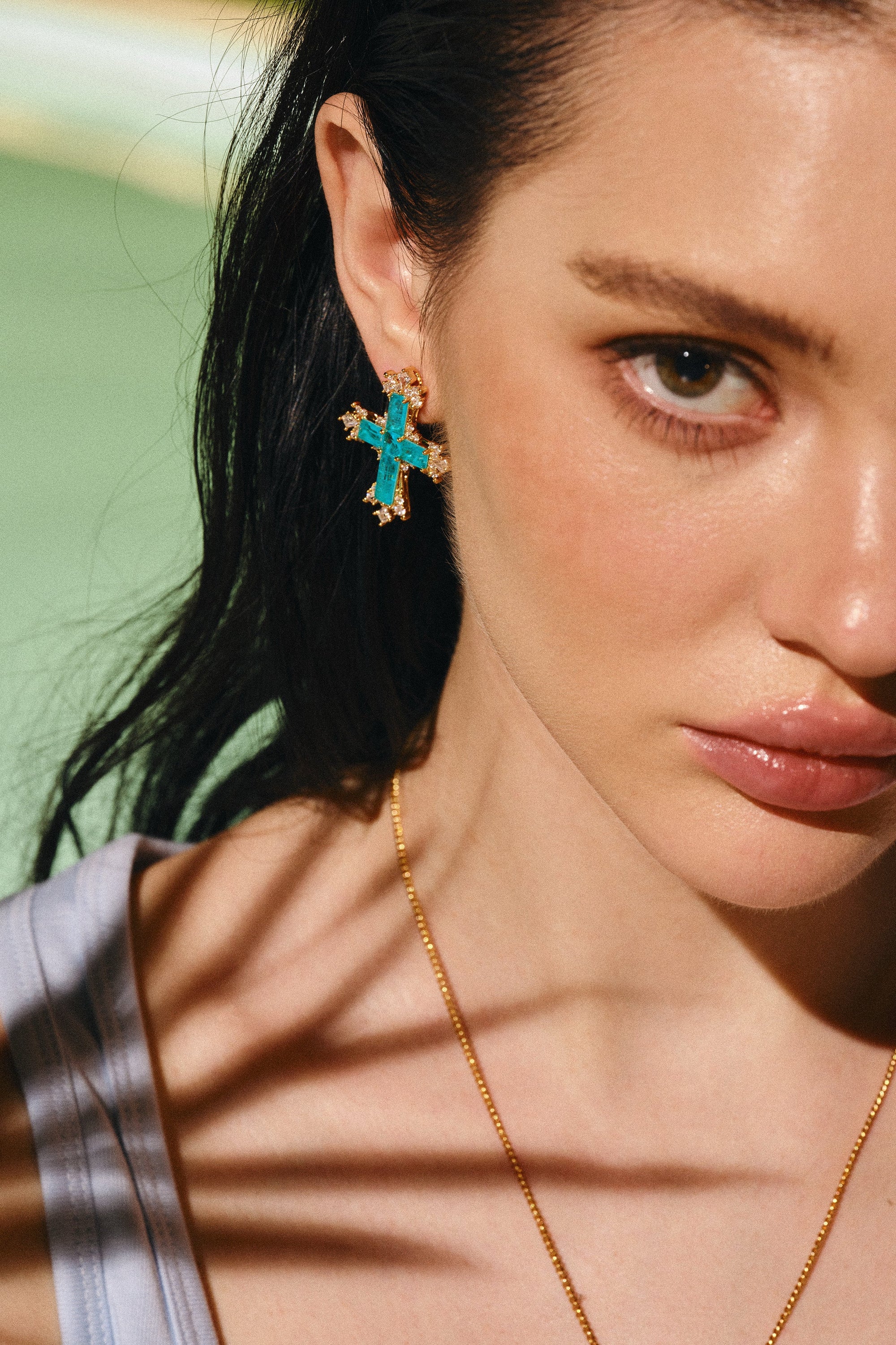 Gold/Paraiba Cross Jewelry Set – Gold 3-Piece Collection (Small Necklace) - booneealus