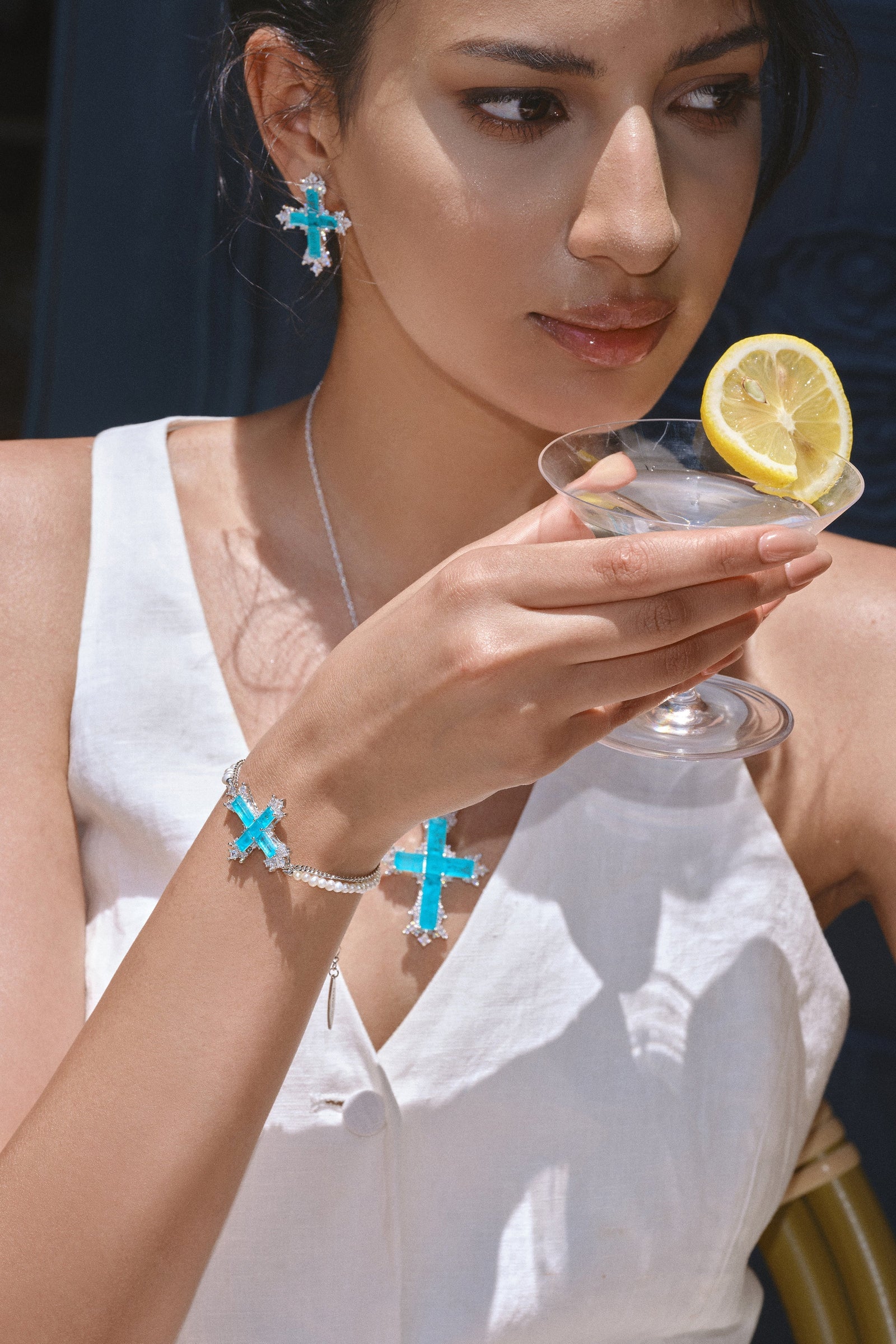 Silver/Paraiba Cross Jewelry Set – Silver 3-Piece Collection (Large Necklace) - booneealus