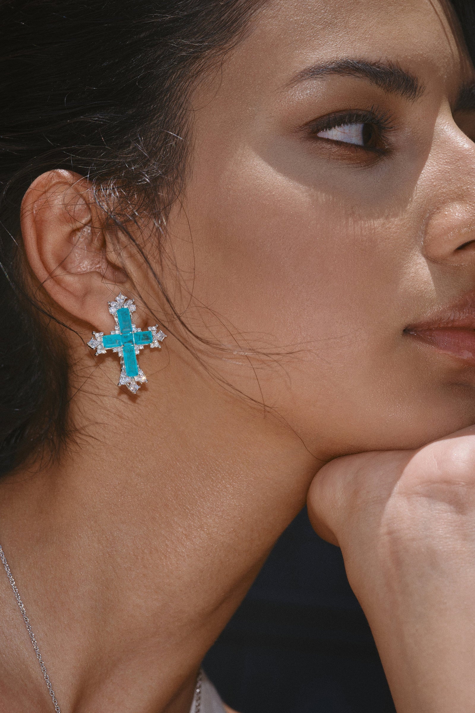 Silver/Paraiba Cross Jewelry Set – Silver 3-Piece Collection (Large Necklace) - booneealus
