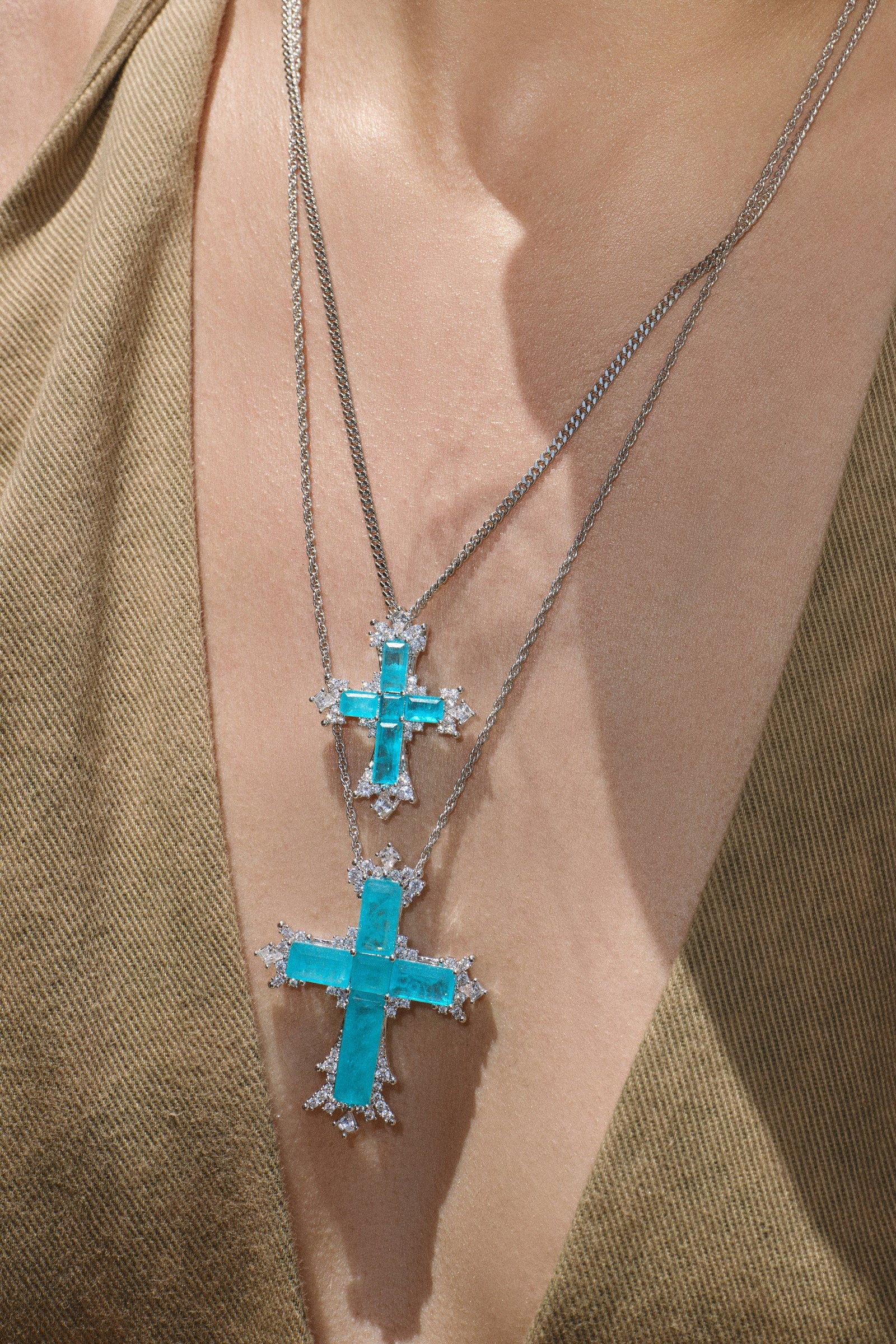 Silver/Paraiba Cross Duo – Silver Large & Small Necklaces - booneealus