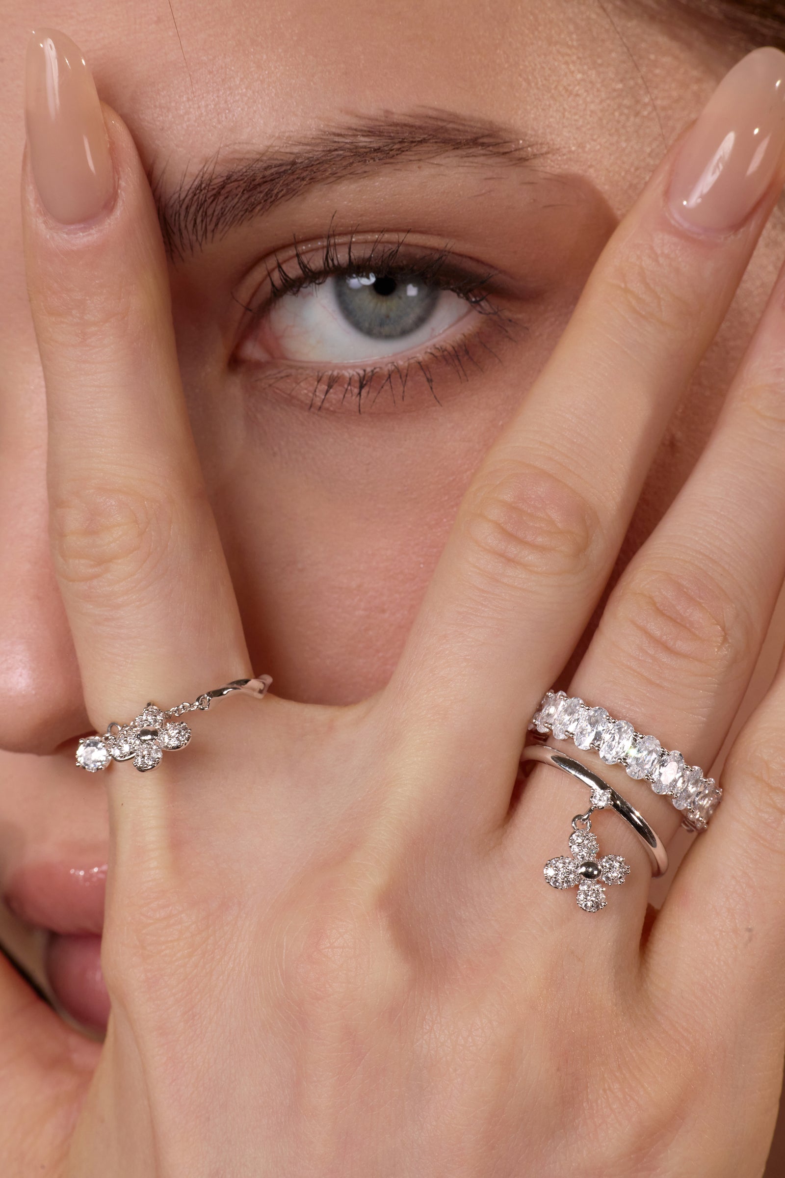 Flower Zircon Pendant Row Combo Ring