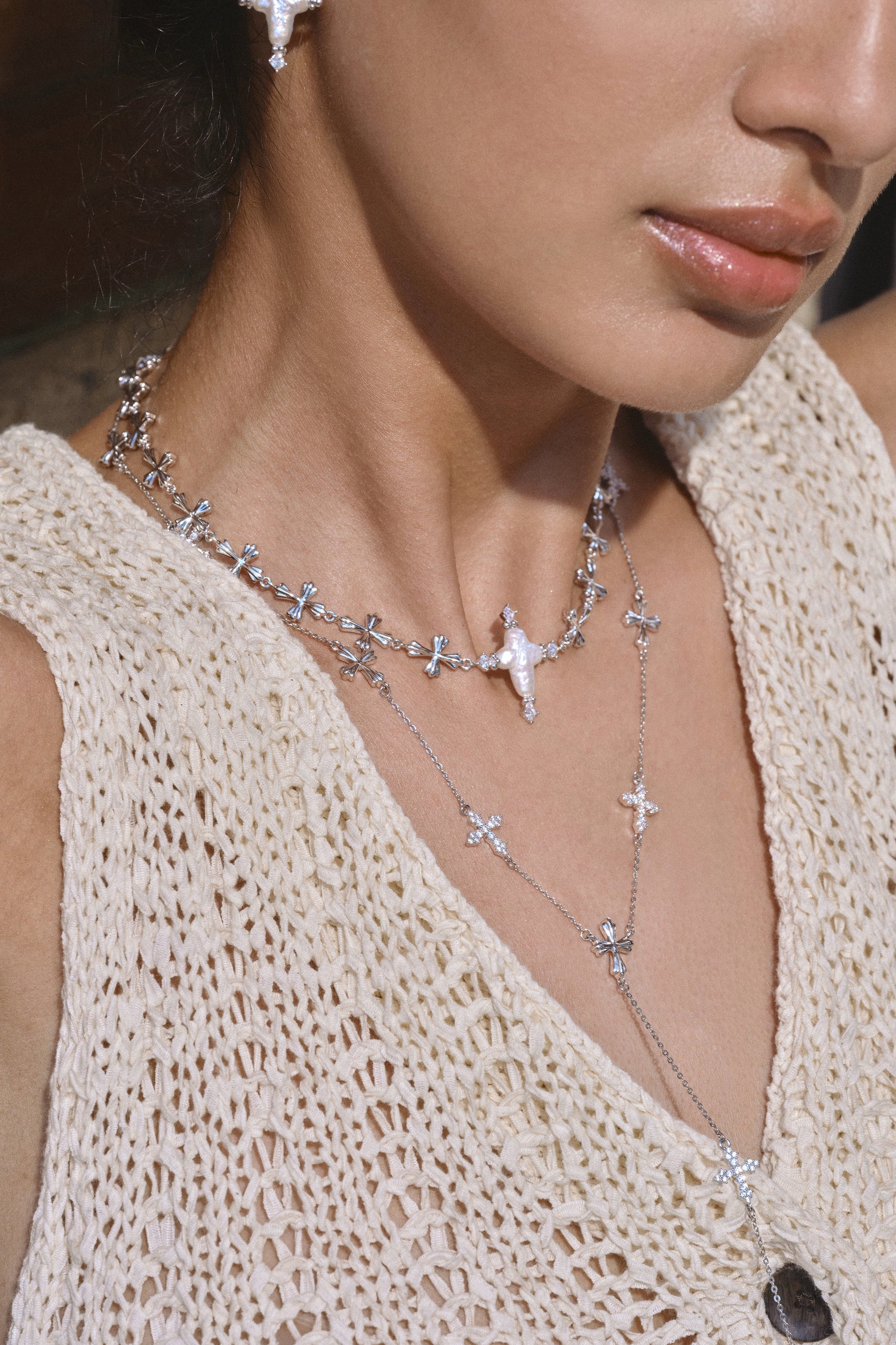 Silver/Forged Pilgrimage & Pearl Cross Cipher Necklace Set – Silver - booneealus