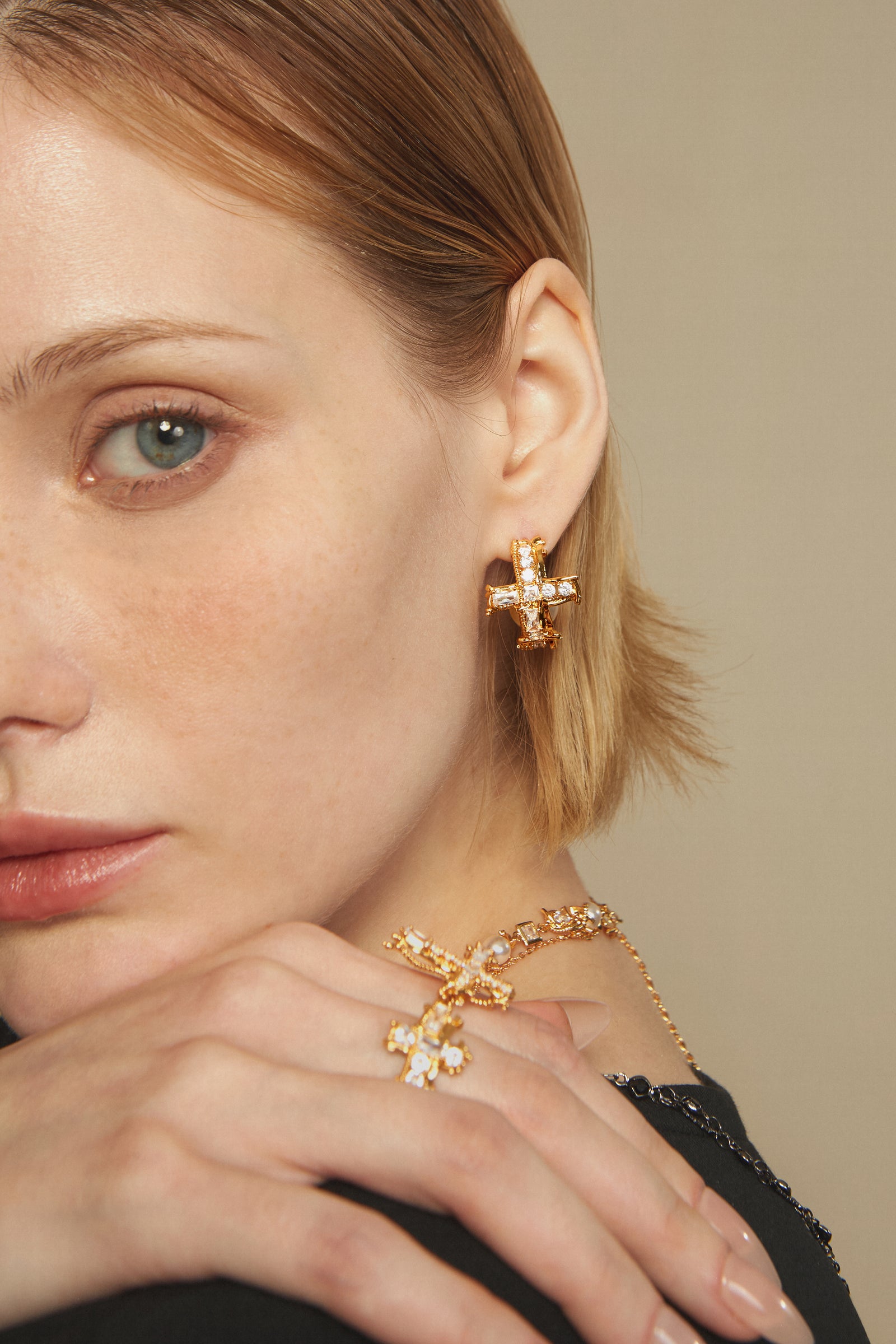 Pearl Pavé Cross Earrings