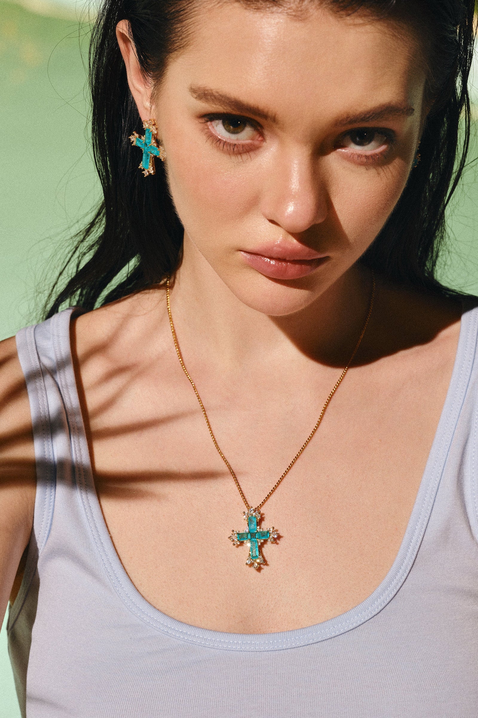 Gold/Paraiba Cross Jewelry Set – Gold 3-Piece Collection (Small Necklace) - booneealus