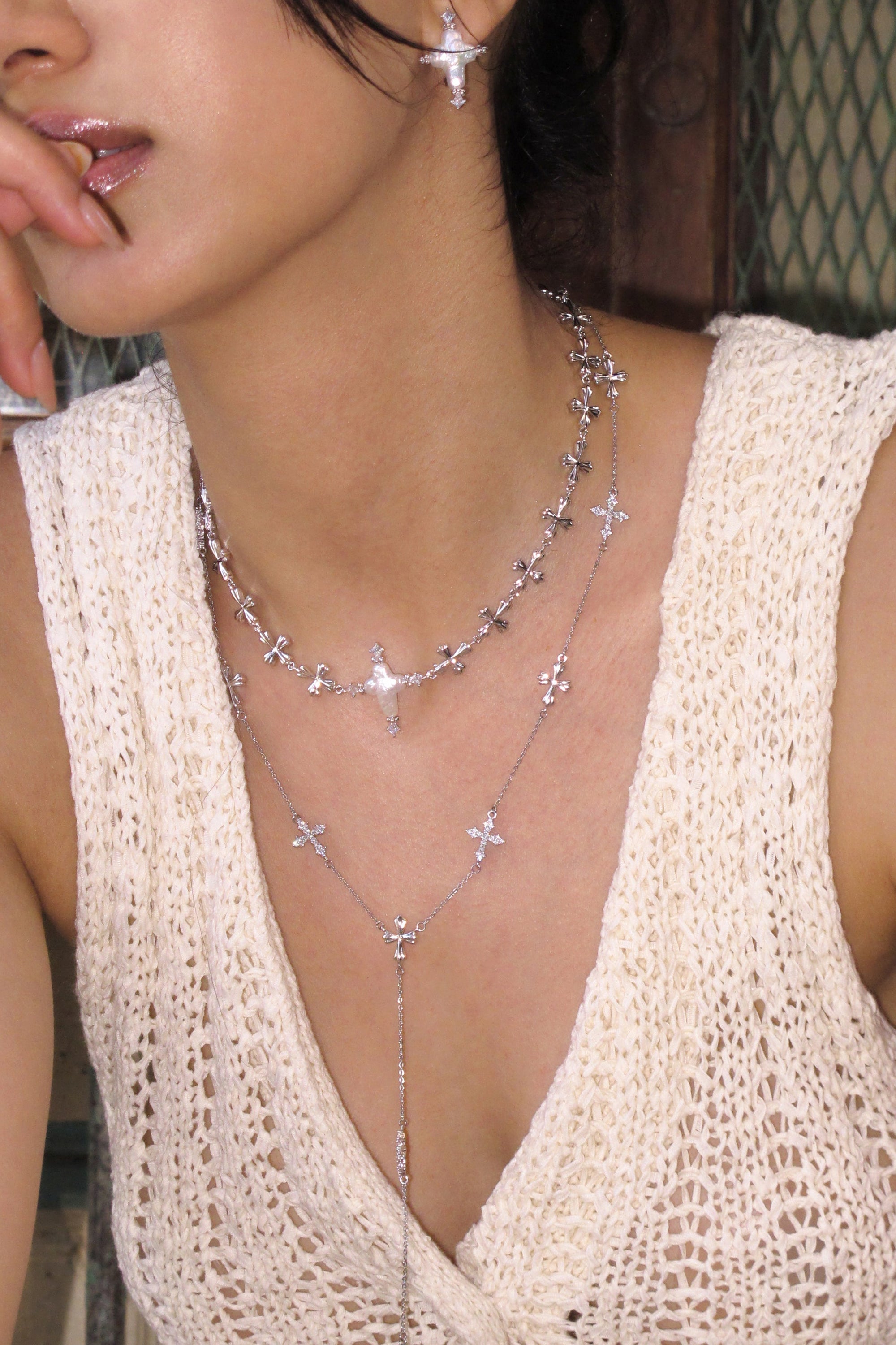 Silver/Pearl Cross Cipher Necklace - booneealus