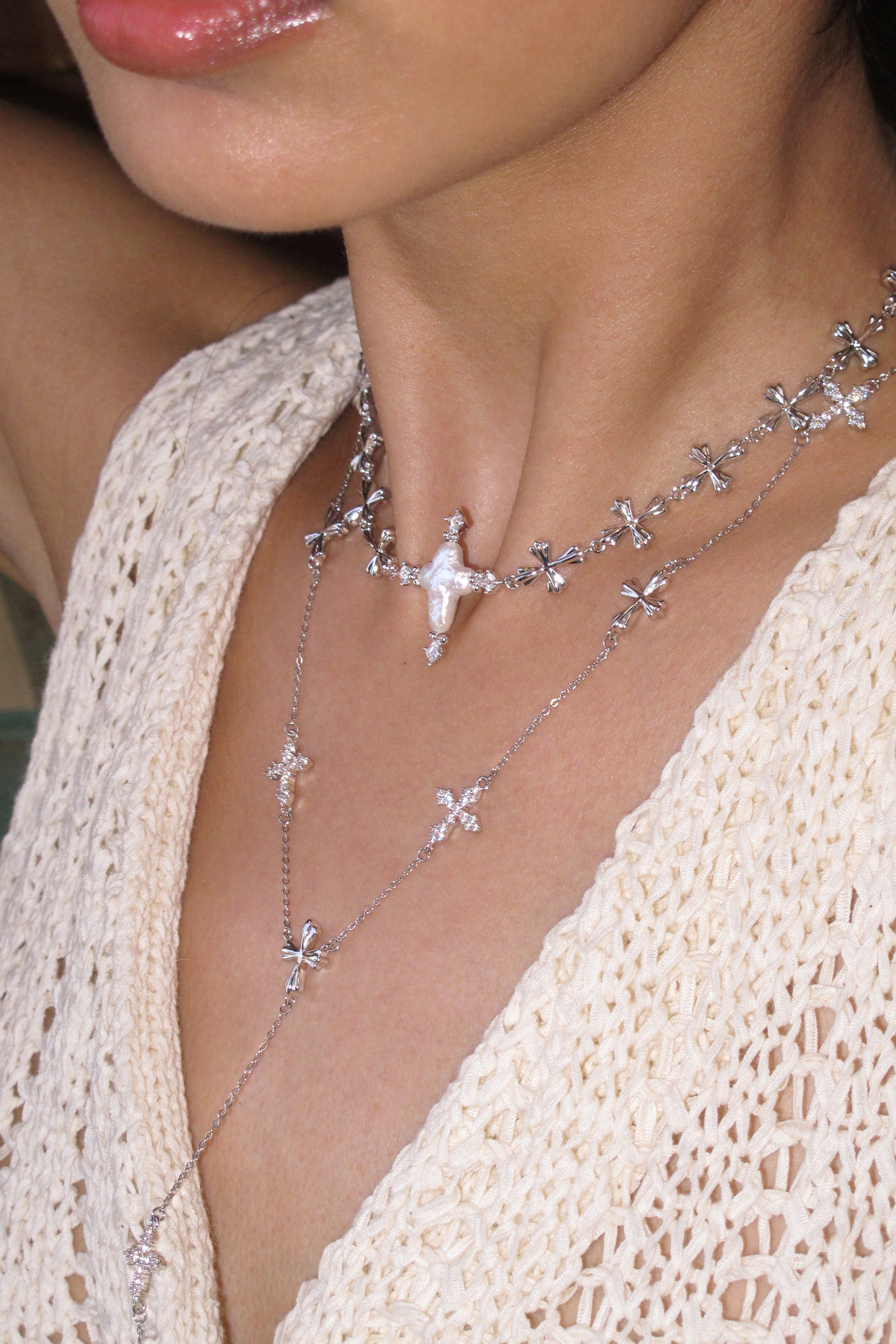 Forged Pilgrimage & Pearl Cross Cipher Necklace Set – Silver - booneealus