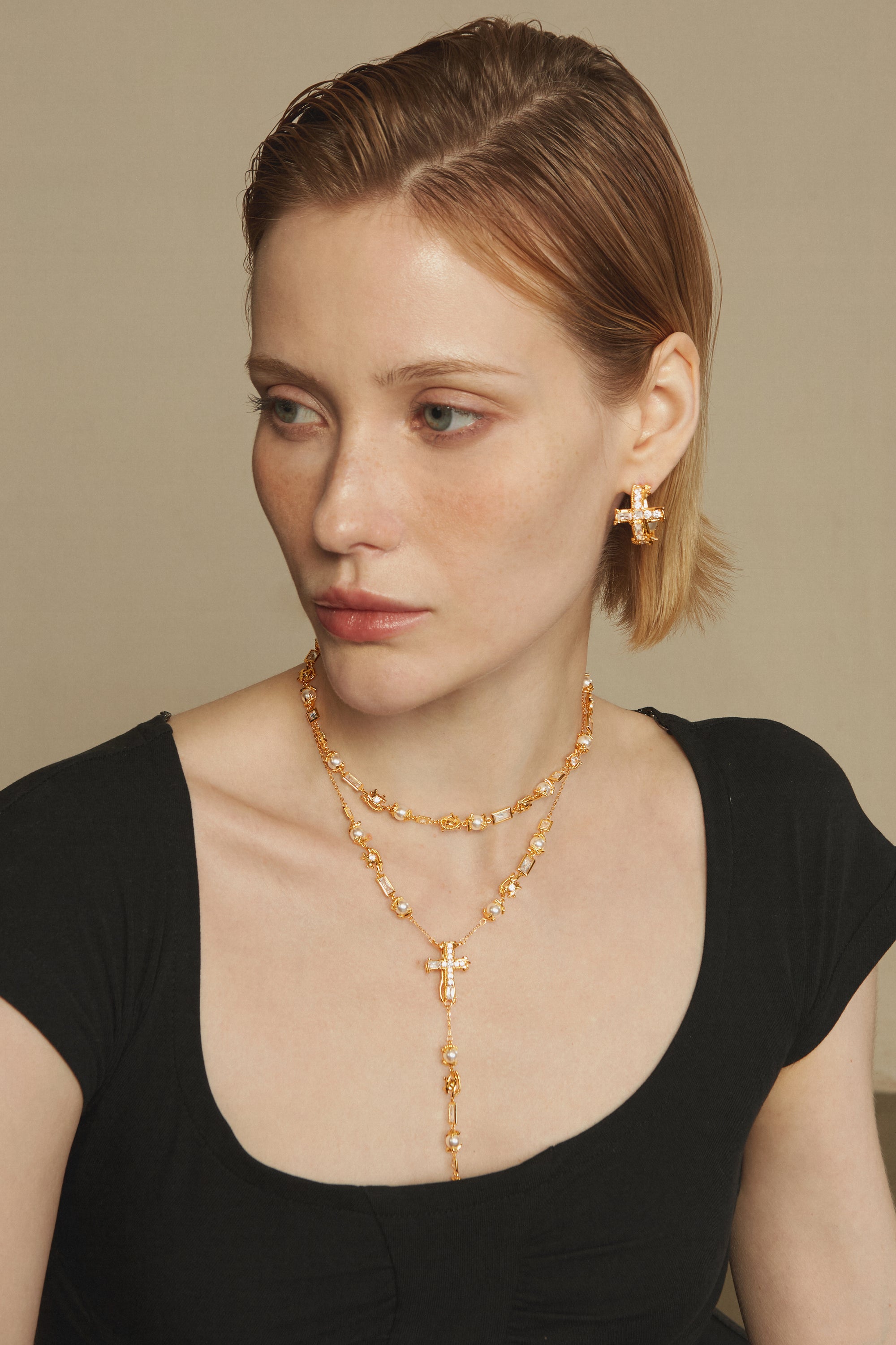 Pearl Pavé Cross Earrings