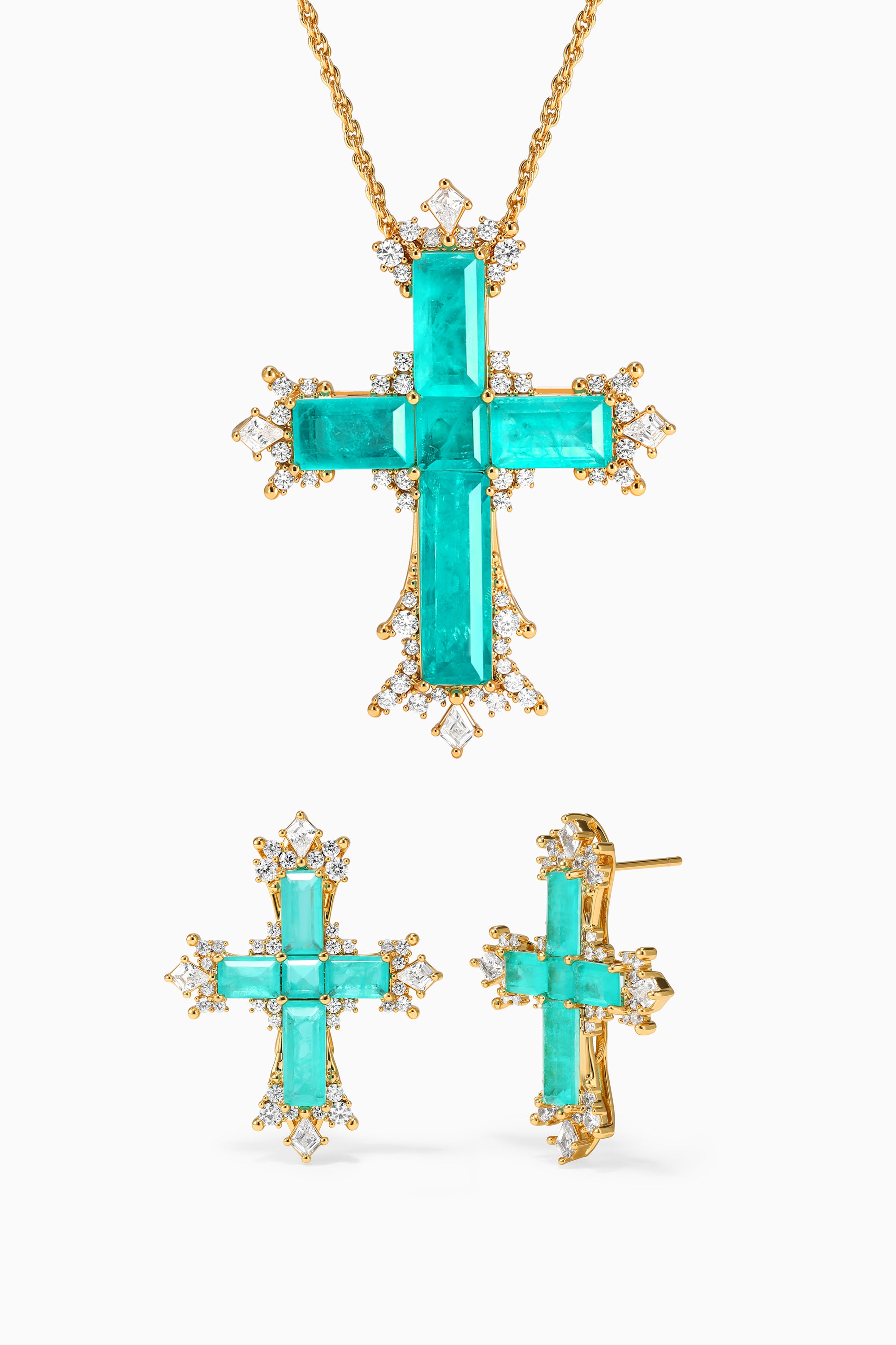 Paraiba Cross Jewelry Set – Gold Large Necklace & Earrings
