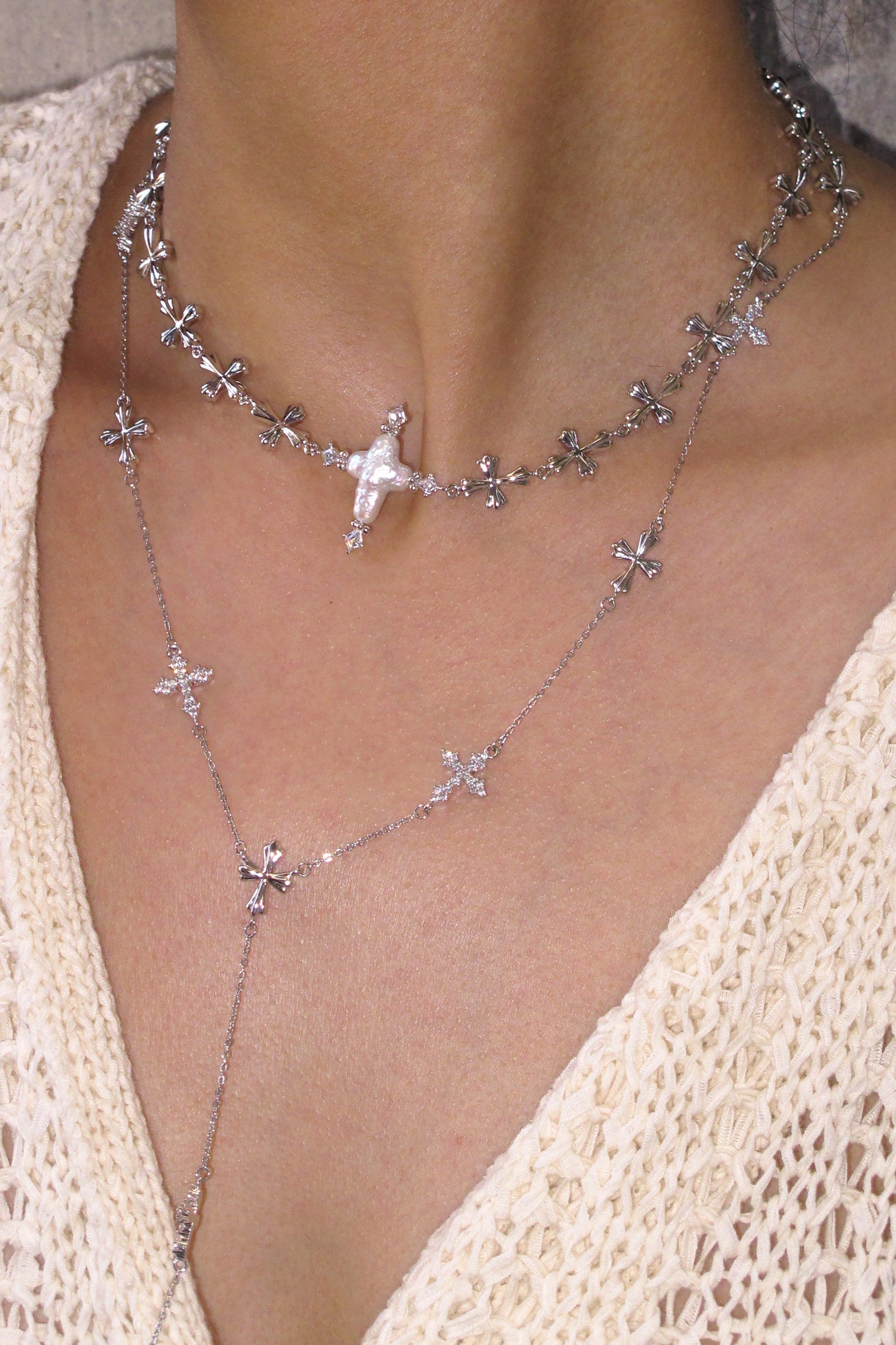 Silver/Forged Pilgrimage & Pearl Cross Cipher Necklace Set – Silver - booneealus