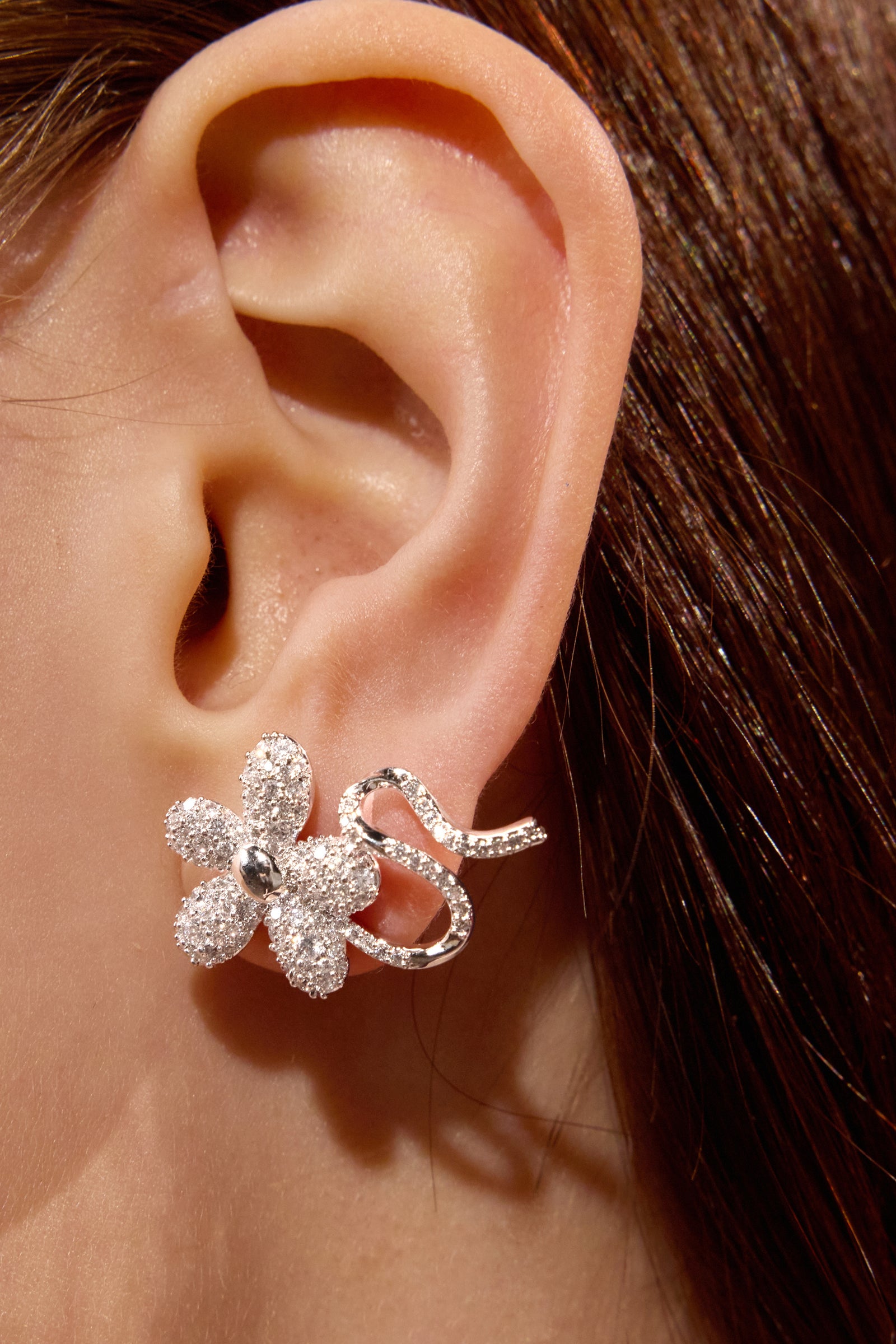 Paved Zircon Curved Branch Flower Earrings