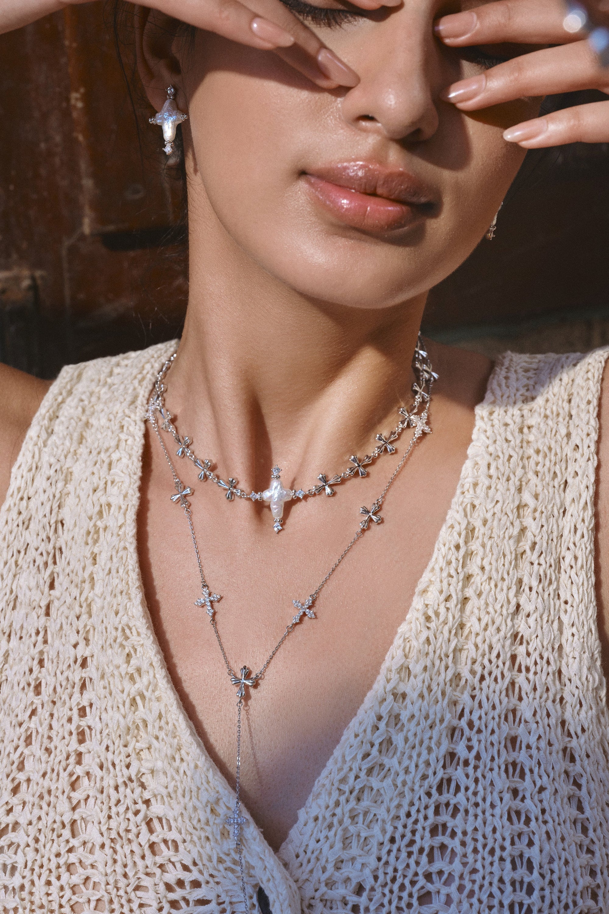 Silver/Forged Pilgrimage & Pearl Cross Cipher Necklace Set – Silver - booneealus