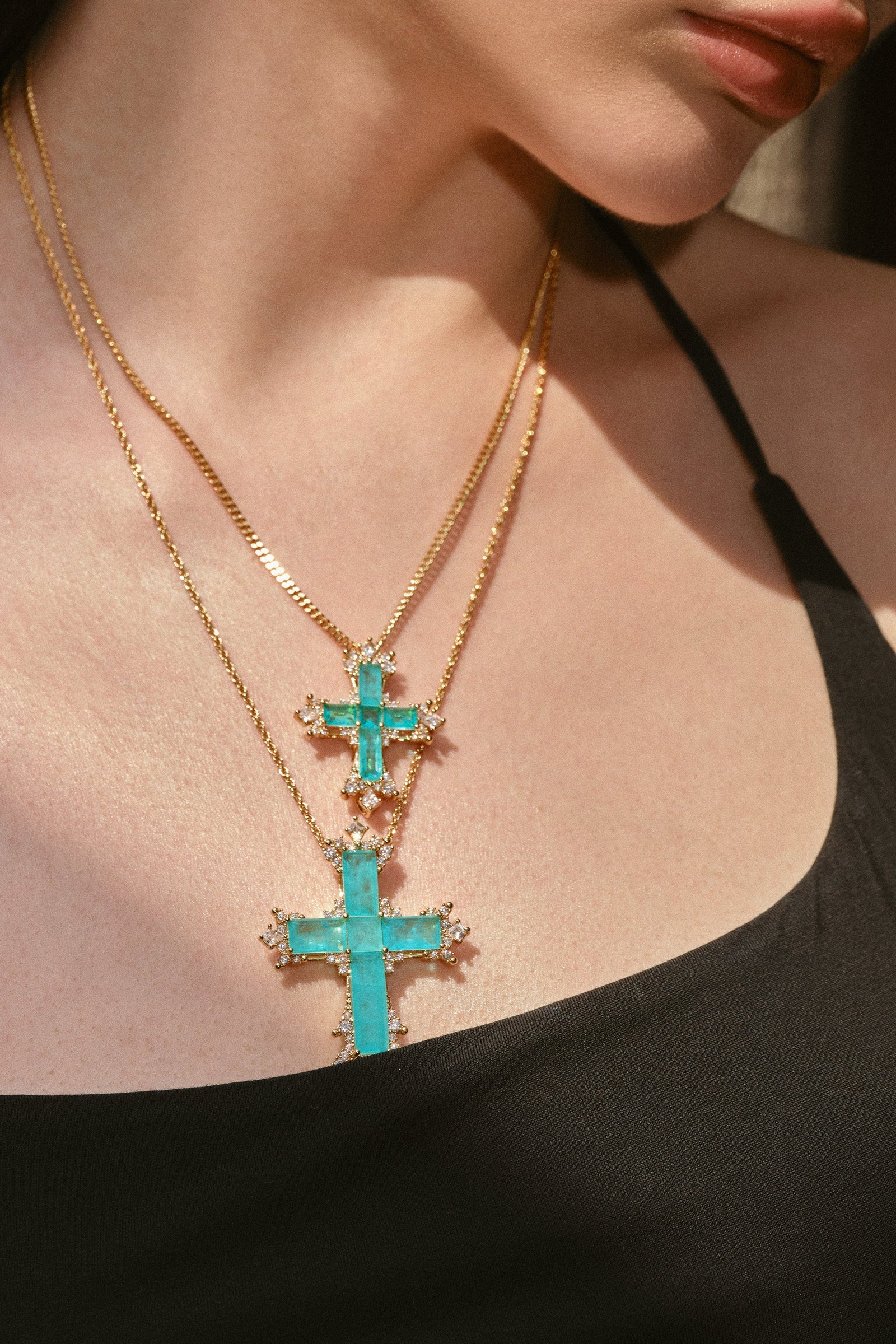 Gold/Paraiba Cross Jewelry Set – Gold 3-Piece Collection (Small Necklace) - booneealus