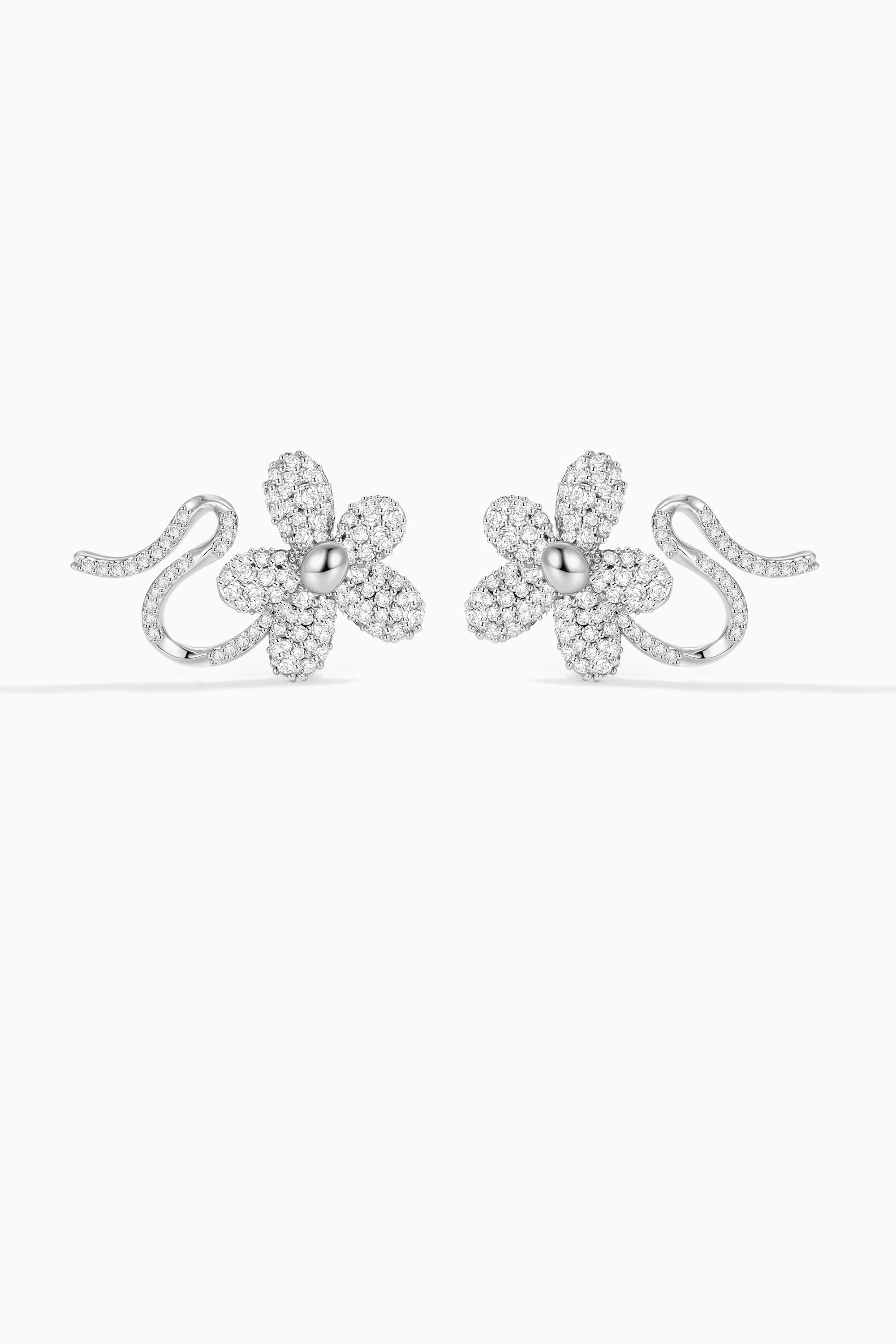 Paved Zircon Curved Branch Flower Earrings