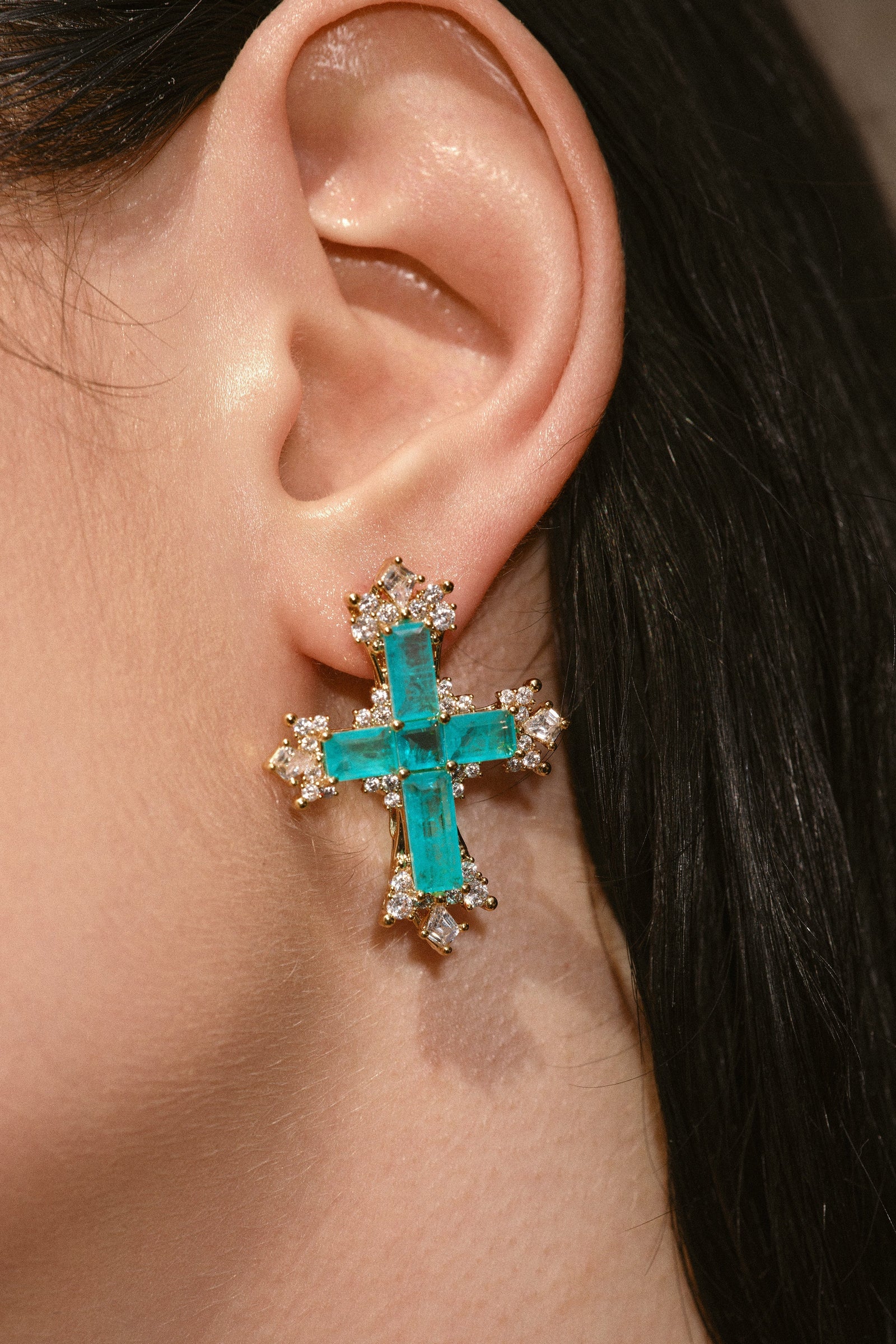 Gold/Paraiba Cross Jewelry Set – Gold 3-Piece Collection (Small Necklace) - booneealus