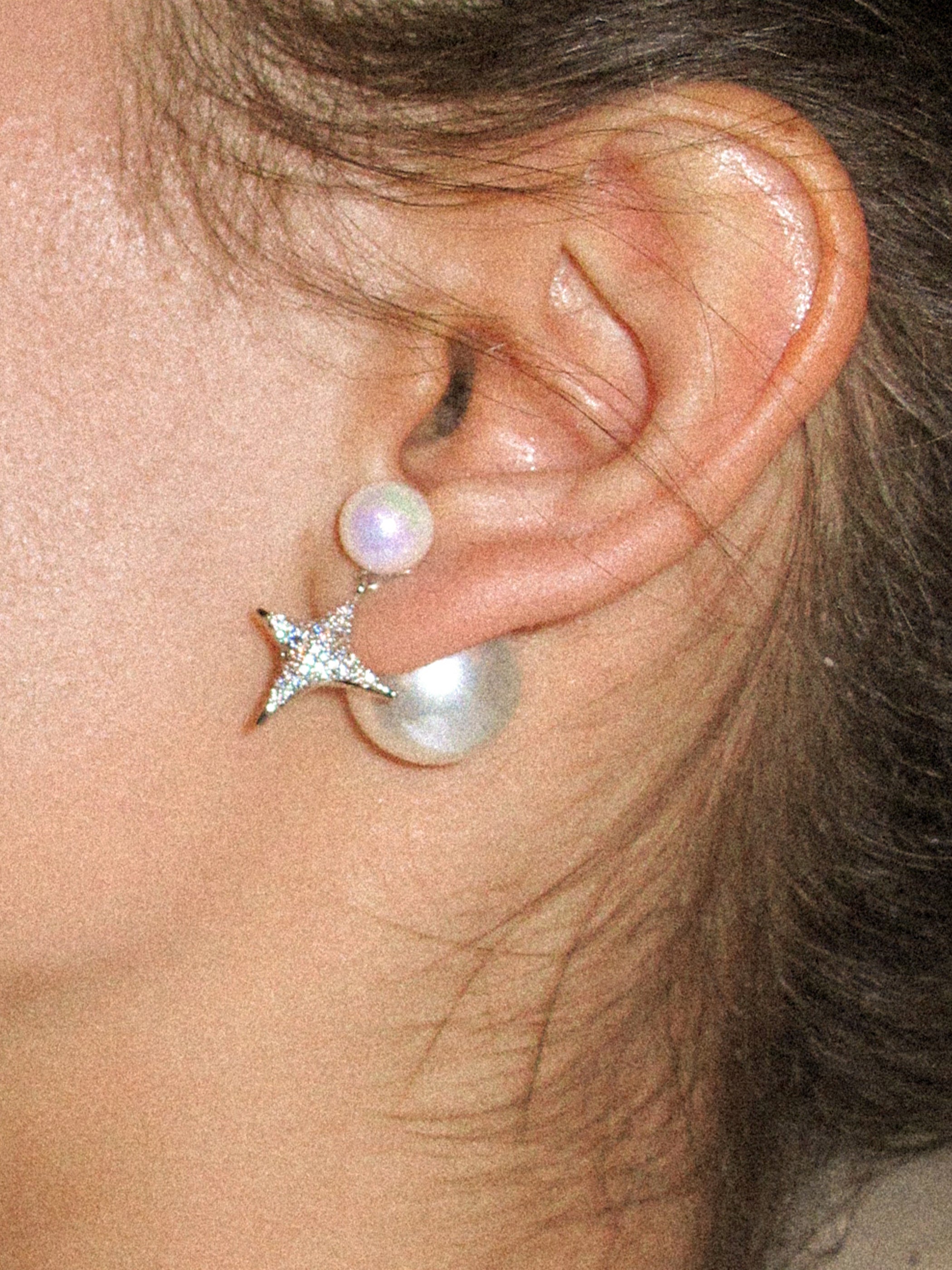 Pearl Stud Earrings with Reversible Zircon Starburst - booneealus