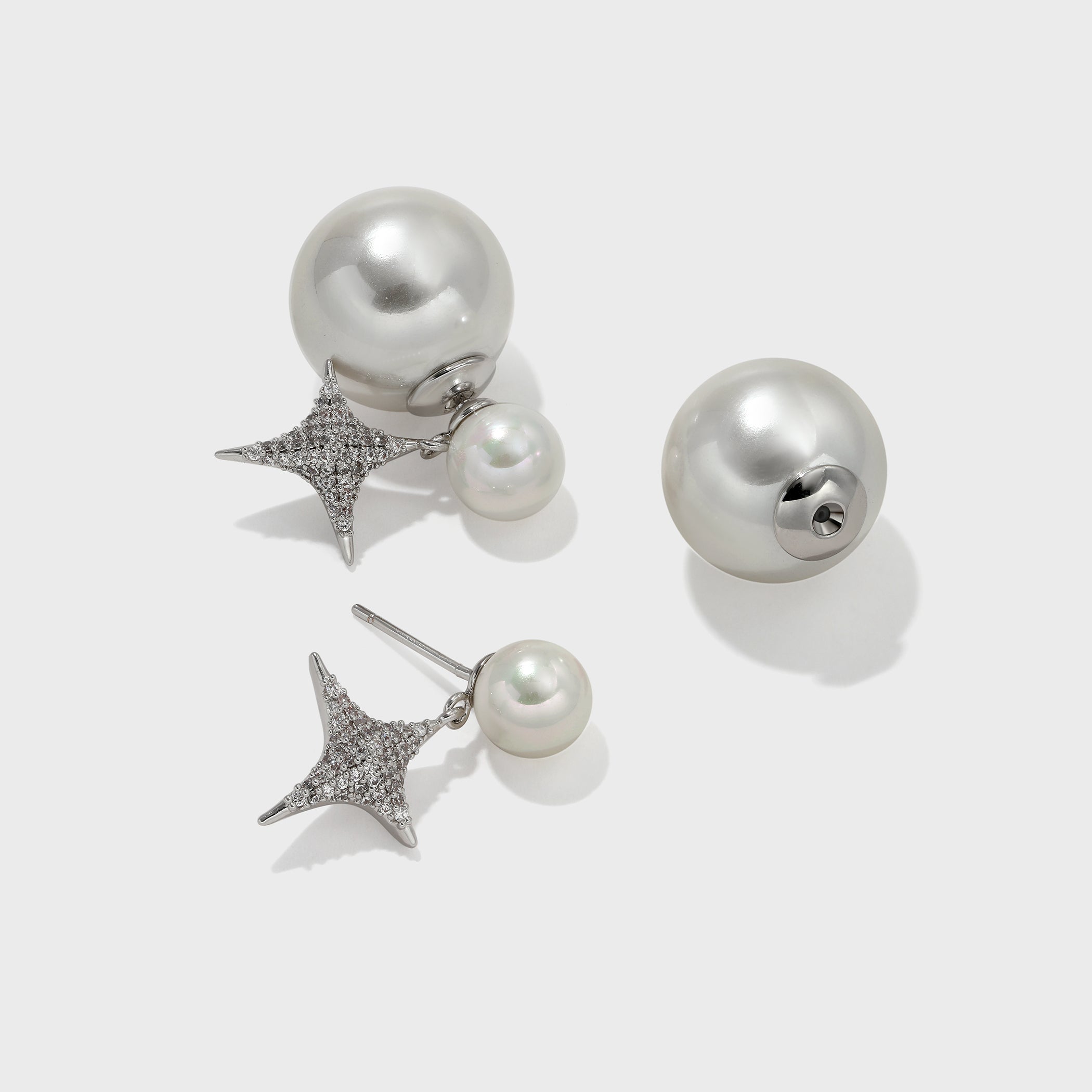 Pearl Stud Earrings with Reversible Zircon Starburst - booneealus