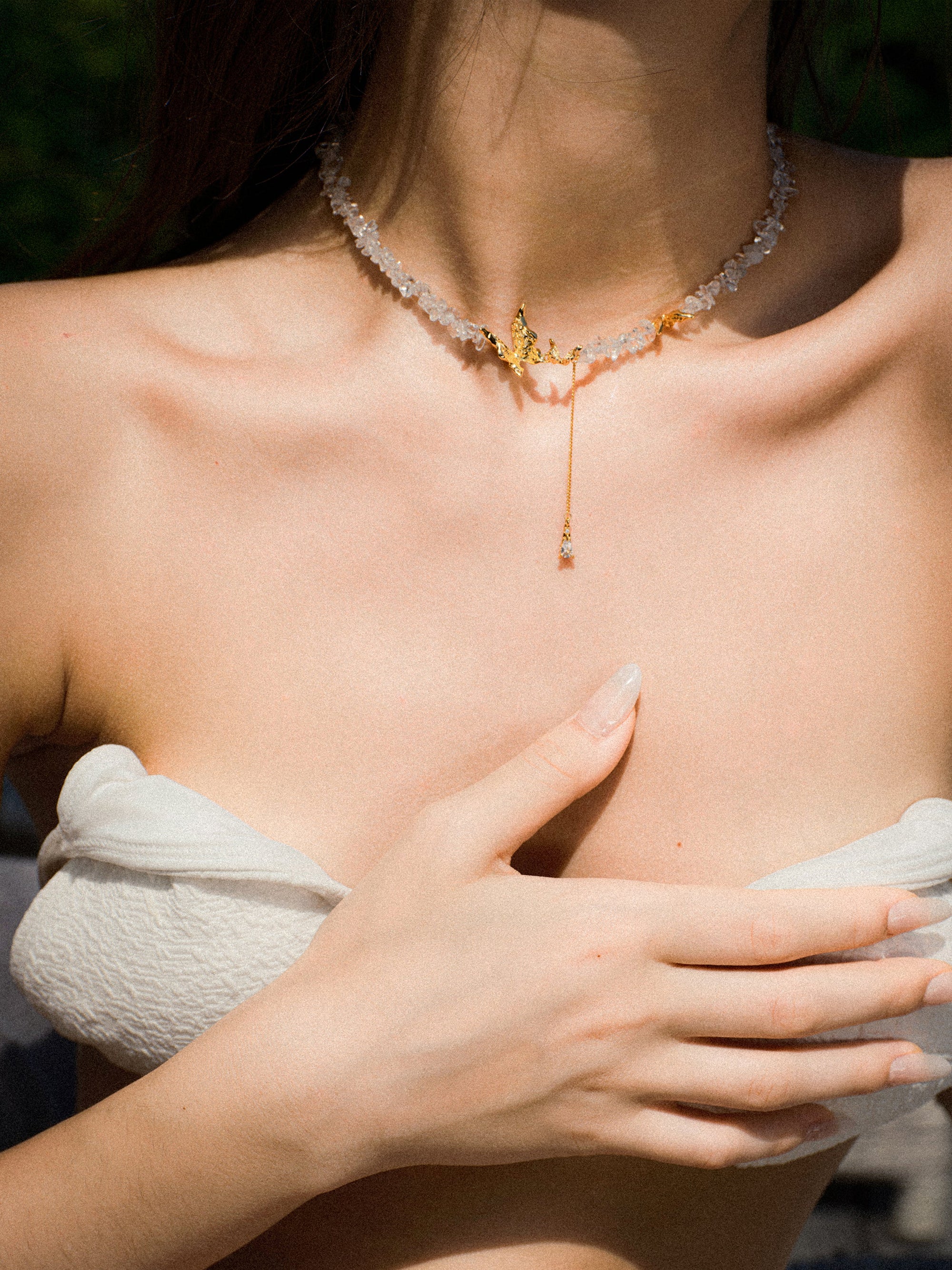gold/Butterfly Teardrop Zircon Pendant with Crushed Stone Necklace - booneealus