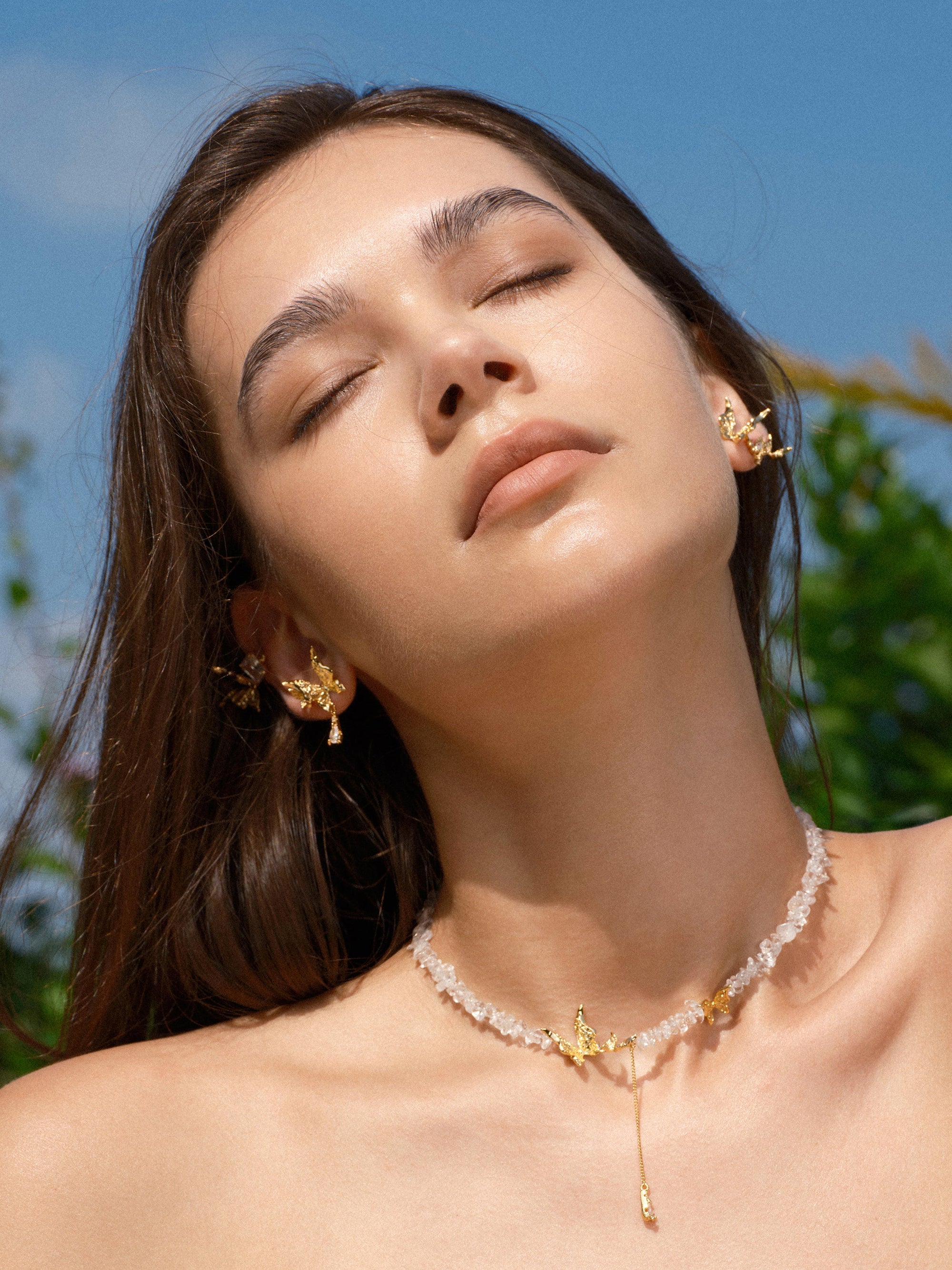 Gold/Butterfly Teardrop Zircon Pendant with Crushed Stone Necklace - booneealus